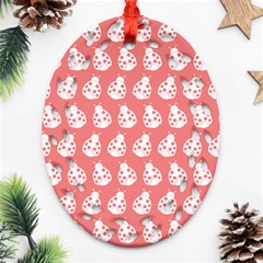 Coral And White Lady Bug Pattern Ornament (oval Filigree)  by GardenOfOphir