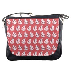 Coral And White Lady Bug Pattern Messenger Bags by GardenOfOphir