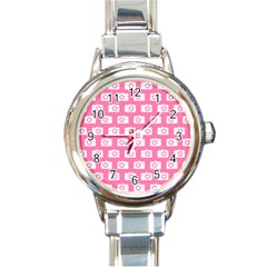 Pink Modern Chic Vector Camera Illustration Pattern Round Italian Charm Watches by GardenOfOphir