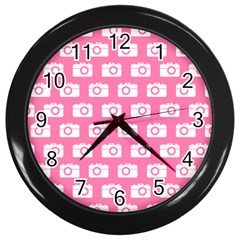 Pink Modern Chic Vector Camera Illustration Pattern Wall Clocks (black)