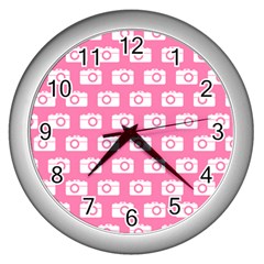 Pink Modern Chic Vector Camera Illustration Pattern Wall Clocks (silver) 