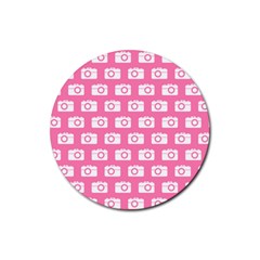 Pink Modern Chic Vector Camera Illustration Pattern Rubber Round Coaster (4 Pack)  by GardenOfOphir