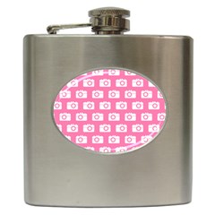 Pink Modern Chic Vector Camera Illustration Pattern Hip Flask (6 Oz)