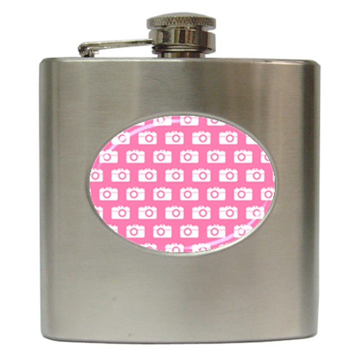 Pink Modern Chic Vector Camera Illustration Pattern Hip Flask (6 oz)