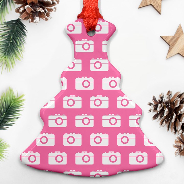 Pink Modern Chic Vector Camera Illustration Pattern Christmas Tree Ornament (2 Sides)