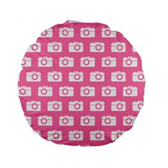 Pink Modern Chic Vector Camera Illustration Pattern Standard 15  Premium Round Cushions by GardenOfOphir