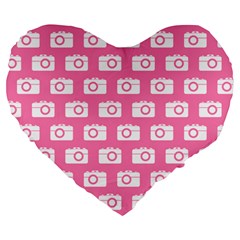 Pink Modern Chic Vector Camera Illustration Pattern Large 19  Premium Flano Heart Shape Cushions