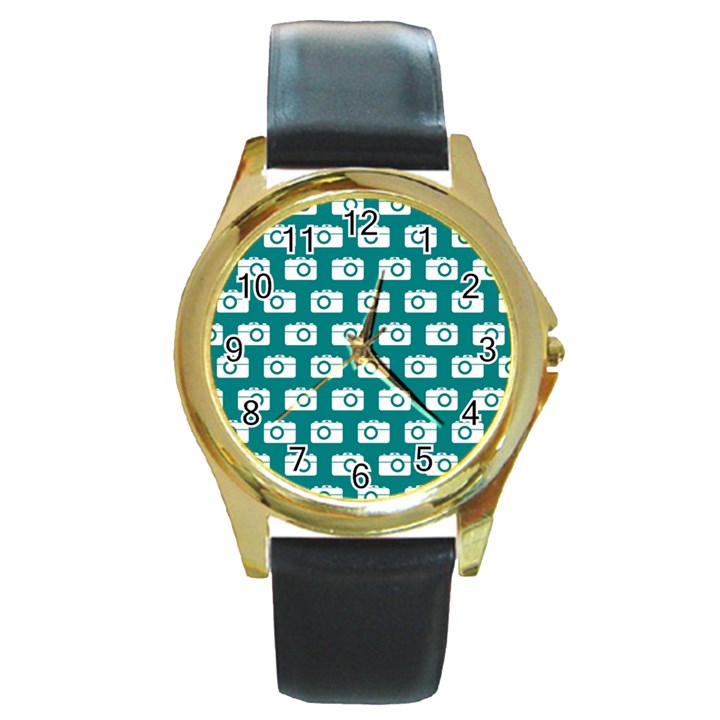 Modern Chic Vector Camera Illustration Pattern Round Gold Metal Watches