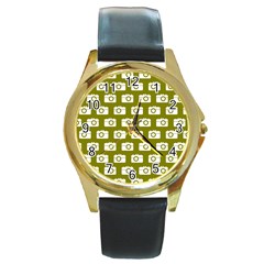 Modern Chic Vector Camera Illustration Pattern Round Gold Metal Watches by GardenOfOphir