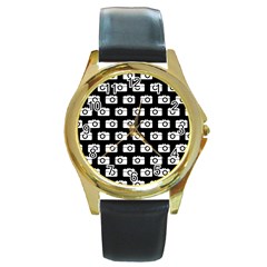 Modern Chic Vector Camera Illustration Pattern Round Gold Metal Watches