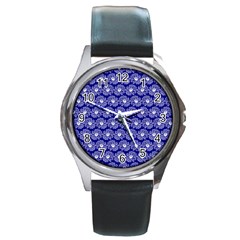 Gerbera Daisy Vector Tile Pattern Round Metal Watches by GardenOfOphir