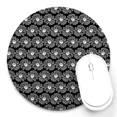 Black And White Gerbera Daisy Vector Tile Pattern Round Mousepads by GardenOfOphir