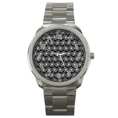 Black And White Gerbera Daisy Vector Tile Pattern Sport Metal Watches by GardenOfOphir