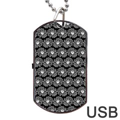 Black And White Gerbera Daisy Vector Tile Pattern Dog Tag Usb Flash (one Side) by GardenOfOphir