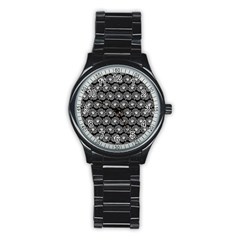 Black And White Gerbera Daisy Vector Tile Pattern Stainless Steel Round Watches by GardenOfOphir