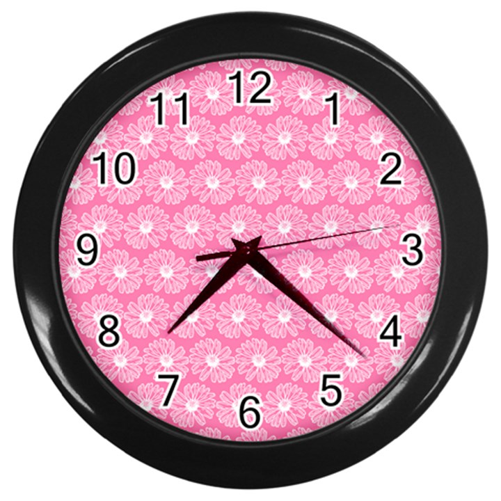 Pink Gerbera Daisy Vector Tile Pattern Wall Clocks (Black)