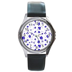 Sweet Shiny Flora Blue Round Metal Watches by ImpressiveMoments