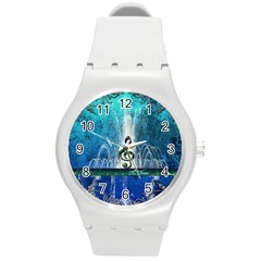 Clef With Water Splash And Floral Elements Round Plastic Sport Watch (m)