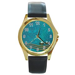 Wonderful Decorative Design With Floral Elements Round Gold Metal Watches