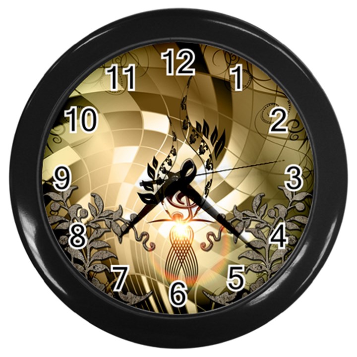 Clef With  And Floral Elements Wall Clocks (Black)