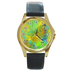 Abstract In Blue, Green, Copper, And Gold Round Gold Metal Watches