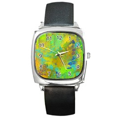 Abstract In Blue, Green, Copper, And Gold Square Metal Watches by digitaldivadesigns