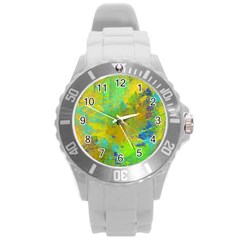 Abstract In Blue, Green, Copper, And Gold Round Plastic Sport Watch (l)