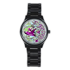 Purple, Green, And Blue Abstract Stainless Steel Round Watches