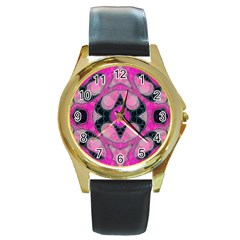 Pink Black Abstract  Round Gold Metal Watches by OCDesignss