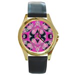 Pink Black Abstract  Round Gold Metal Watches Front