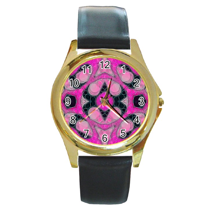 Pink Black Abstract  Round Gold Metal Watches