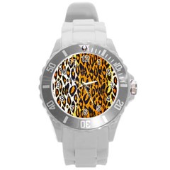 Brown Cheetah Abstract  Round Plastic Sport Watch (l)