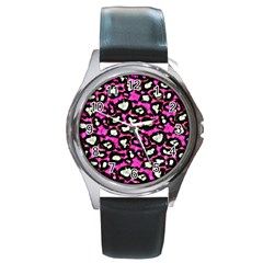 Pink Black Cheetah Abstract  Round Metal Watches