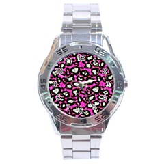 Pink Black Cheetah Abstract  Stainless Steel Men s Watch