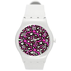 Pink Black Cheetah Abstract  Round Plastic Sport Watch (m) by OCDesignss