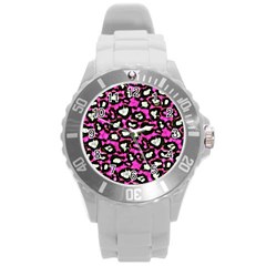 Pink Black Cheetah Abstract  Round Plastic Sport Watch (l)