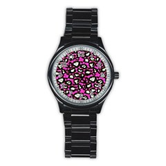 Pink Black Cheetah Abstract  Stainless Steel Round Watches