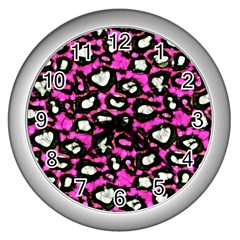 Pink Black Cheetah Abstract  Wall Clocks (silver) 