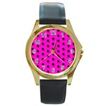 Florescent Pink Polka-dot  Round Gold Metal Watches Front