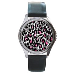 Pink Cheetah Bling  Round Metal Watches