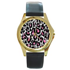 Pink Cheetah Bling  Round Gold Metal Watches by OCDesignss