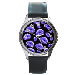 Sassy Purple Puckered Lips  Round Metal Watches by OCDesignss