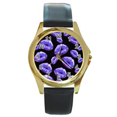 Sassy Purple Puckered Lips  Round Gold Metal Watches