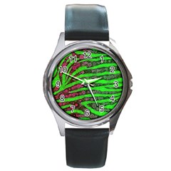 Florescent Green Zebra Print Abstract  Round Metal Watches