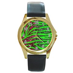 Florescent Green Zebra Print Abstract  Round Gold Metal Watches by OCDesignss