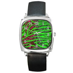 Florescent Green Zebra Print Abstract  Square Metal Watches