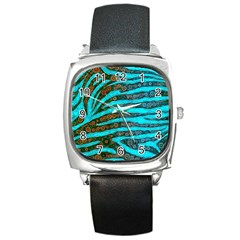 Turquoise Blue Zebra Abstract  Square Metal Watches