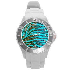 Turquoise Blue Zebra Abstract  Round Plastic Sport Watch (l)