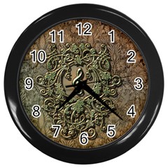 Elegant Clef With Floral Elements On A Background With Damasks Wall Clocks (black)