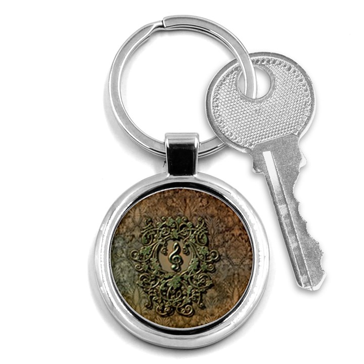 Elegant Clef With Floral Elements On A Background With Damasks Key Chains (Round) 